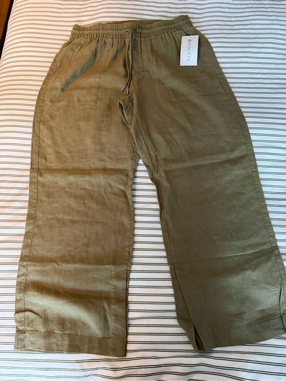 Athleta Retreat Linen Wide Leg Pants Olive Green Size L NWT